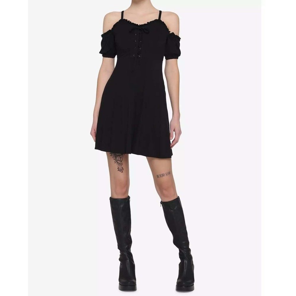 Hot Topic Dress Black Lace-up Puff Sleeve Cold Shoulder‎ Whimsigoth Grunge Large